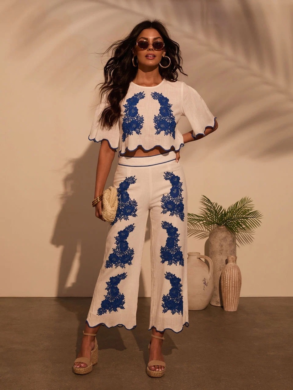 Vici White with Blue Floral Embroidery linen pants
